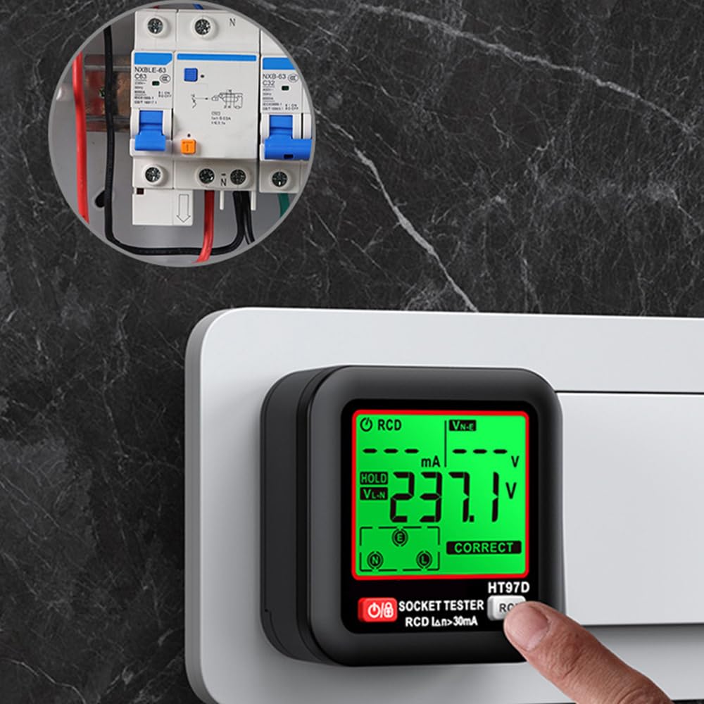DollaTek Tester de Enchufe Profesional D9B Detección RCD/GFCI Display LCD Voltaje/Frecuencia 6-Alambre Diagnóstico Fallos 90-250V Analizador para enchufes EU Certificación EN61326
