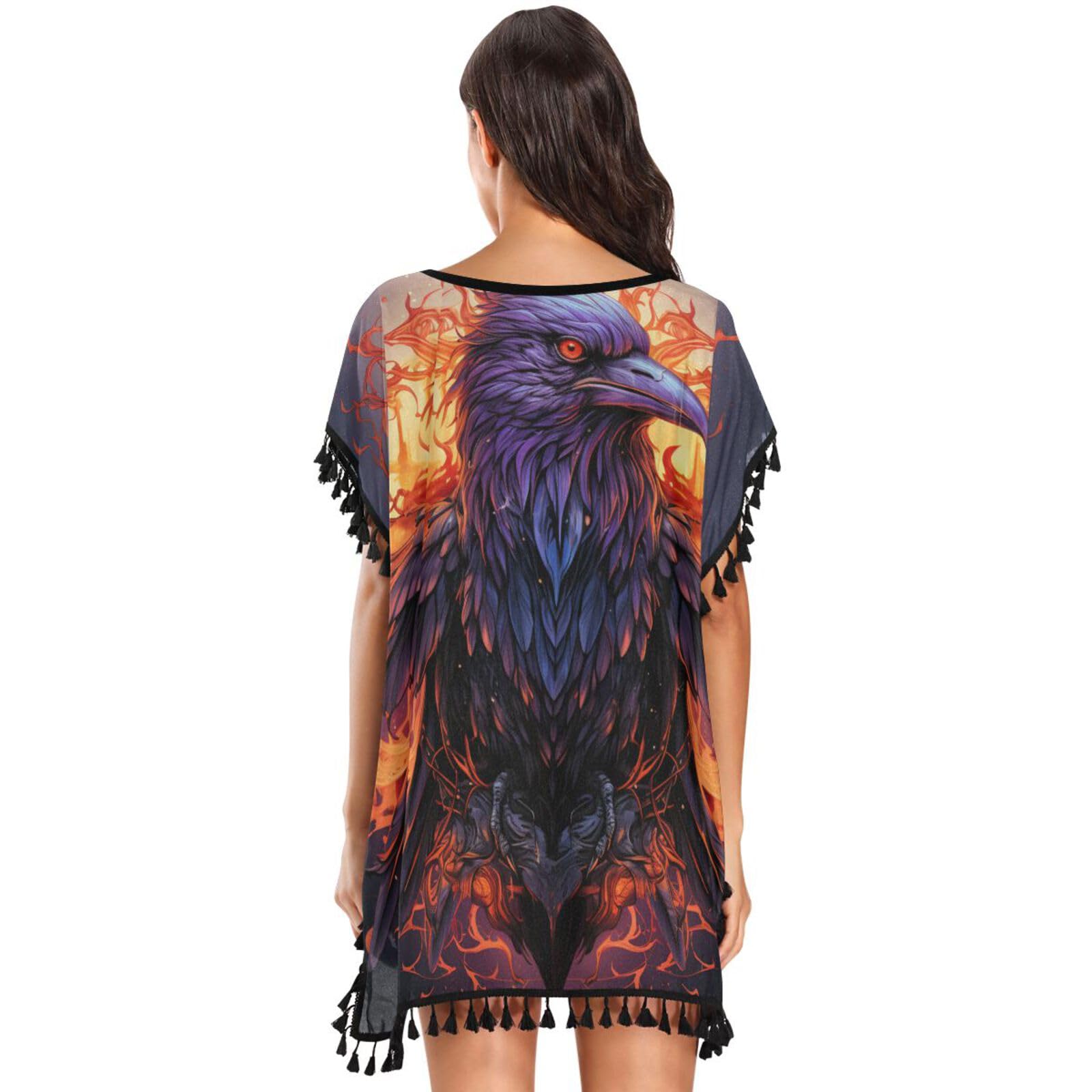 Angry Animal Crow Women's Beach Cover Up Chiffon Tassel Swimwear Swimsuit Coverups for Girl