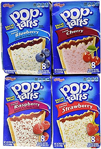 Pop Tarts Variety Pack, Frosted FRUIT Flavors: Strawberry, Blueberry, Cherry, and Rasberry. Bundle of 4- 8 Count Boxes, 1 of Each Flavor. Great Care Package or Gift