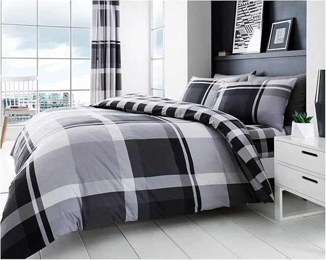 GC GAVENO CAVAILIA Tartan Check Duvet Cover Set, Easycare Plaid Bedding Sets King Size with Pillow Cases, Reversible Geometric Quilt Cover, Grey