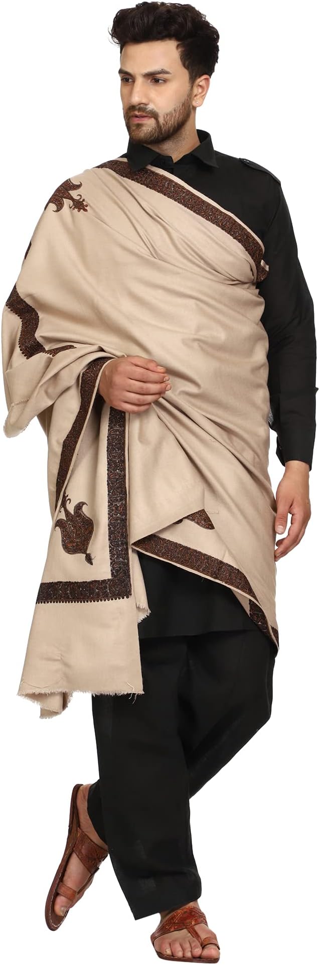SWI WITH LABEL Men's Kashmiri Embroidered Wool Shawl, Brown