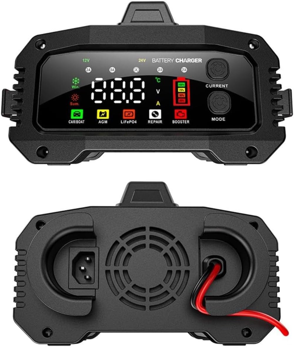 12V/24V Autobatterie Ladegerät, 30A Ladegeräte für Autobatterien, Batterieladegerät für Auto, Motorrad, Rasenmäher, Boot, Lithium, mit LCD-Bildschirm (EU)