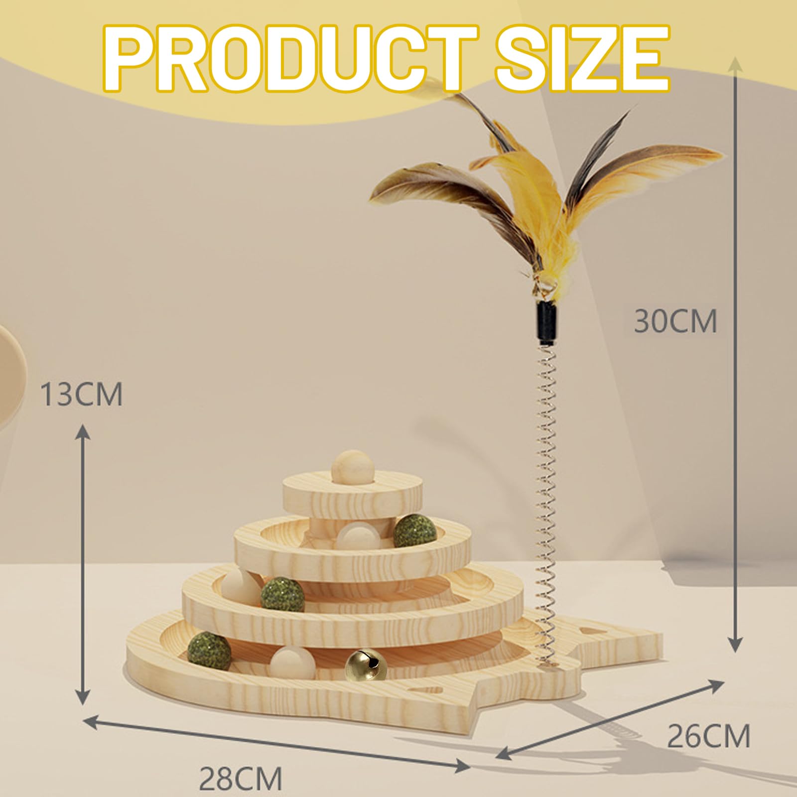 Honicemar 3-Layer Tower Wooden Cat Toy with Ball and Track, Cat Roller Toys Interactive with 3 Types of Balls - Image 2