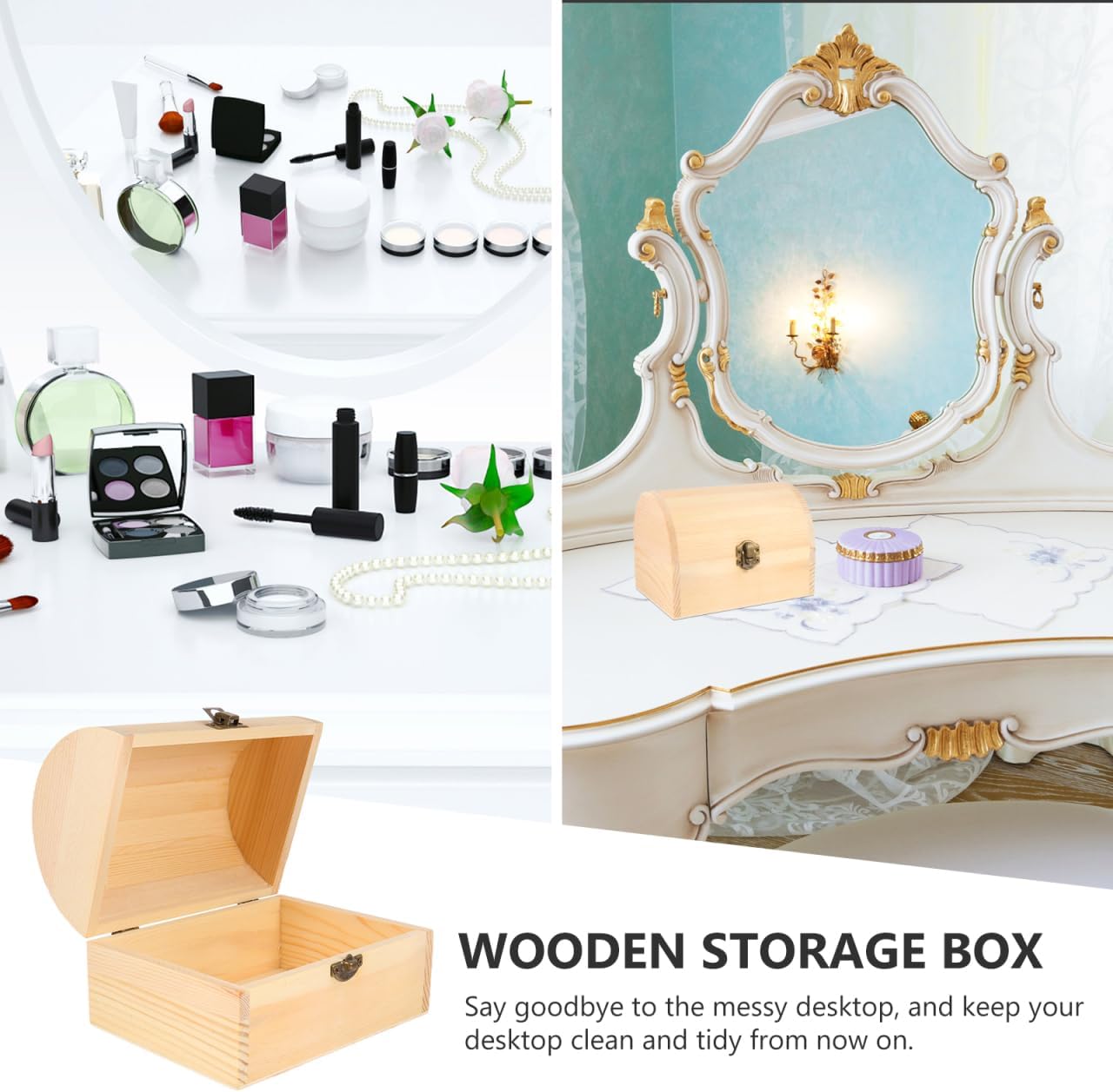 Hemoton Wooden Treasure Chest Box Solid Arc Design Storage Box with Hinged Lid and Secure Buckle 6.29 X 4.72 X 4.52 in Unfinished Wood for Jewelry Trinkets Keepsakes Home Decor image 4