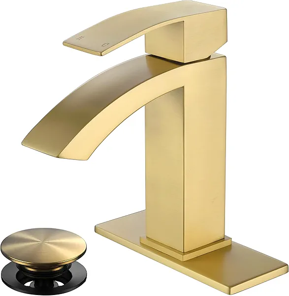 Jodulos Gold Bathroom Faucet, Waterfall Bathroom Sink Faucet with cUPC Supply Hose and Pop Up Drain, Single Handle Single Hole Modern Faucet for Bathroom Vanity