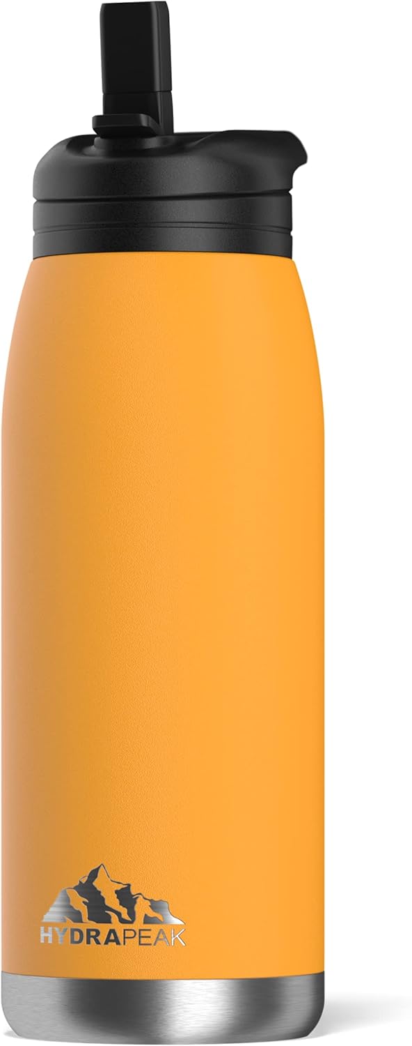 Hydrapeak Flow 32oz Insulated Water Bottle with Straw Lid | Double Wall Vacuum Insulated Stainless Steel Water Bottles, BPA-Free and Leak-Proof, Wide Mouth Flask with Bite Straw and Handle (Mango): Home & Kitchen