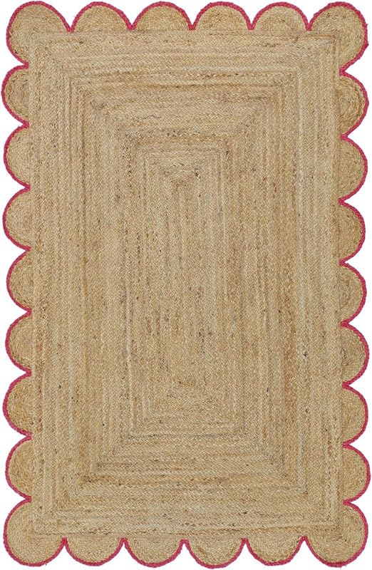 2.6x5 Ft Red Border Scalloped Jute Rug | Handmade Natural Braided Carpet for Living Room, Bedroom, Entryway | Premium Boho Jute Area Rug & Home Decor