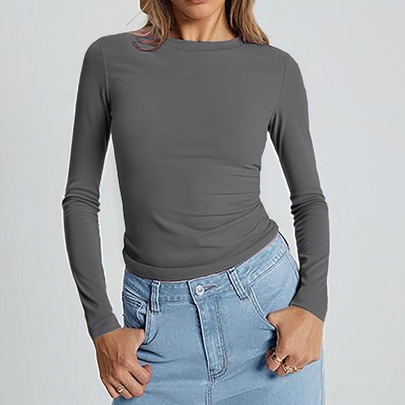 Lot de 3 t-shirts thermiques à manches longues et col rond pour femme - Coupe ajustée - Coupe ajustée - Couleur unie - Polyvalent - Tendance - Esthétique - Streetwear XS à XL