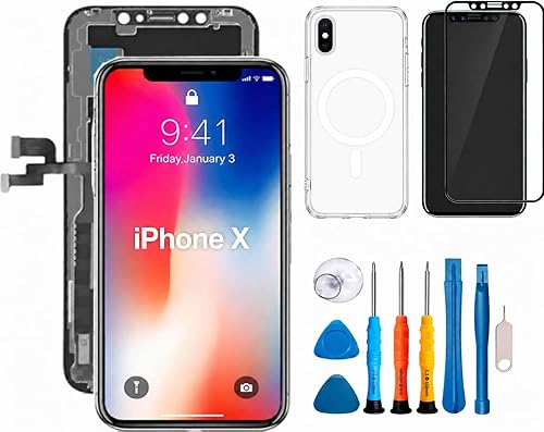 LCD Replacement Screen for iPhone X 5.8-inch, Touch Digitizer Display Assembly with Clear Magnetic-Ring Case, Tempered Glass Protector and Precision Tool Kit