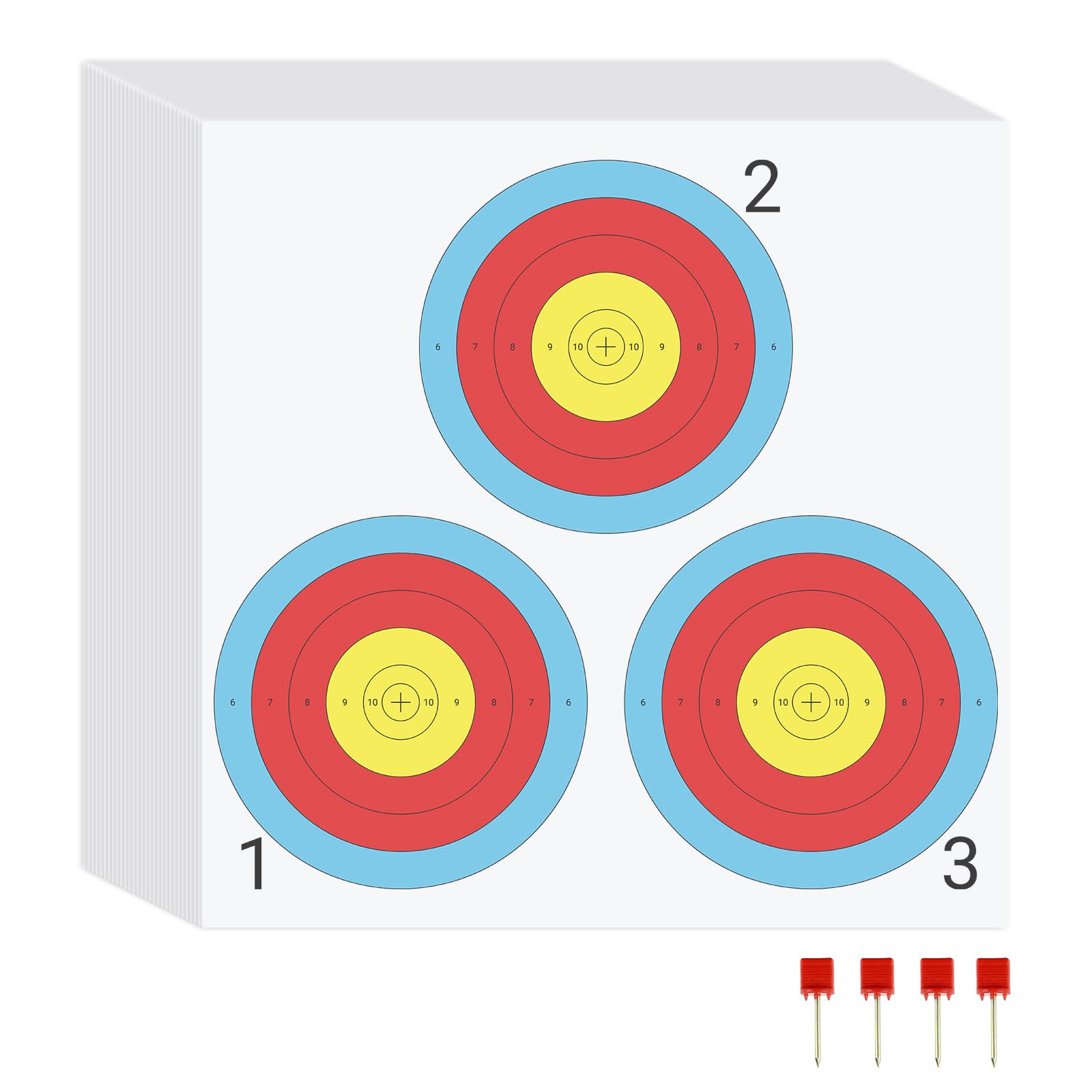 suituts 100 pcs Archery Targets Paper 3 Spot Bow and Arrow Target Paper 17 x 17 Inch Paper Archery Targets, 4 Pcs Archery Target Pins Included