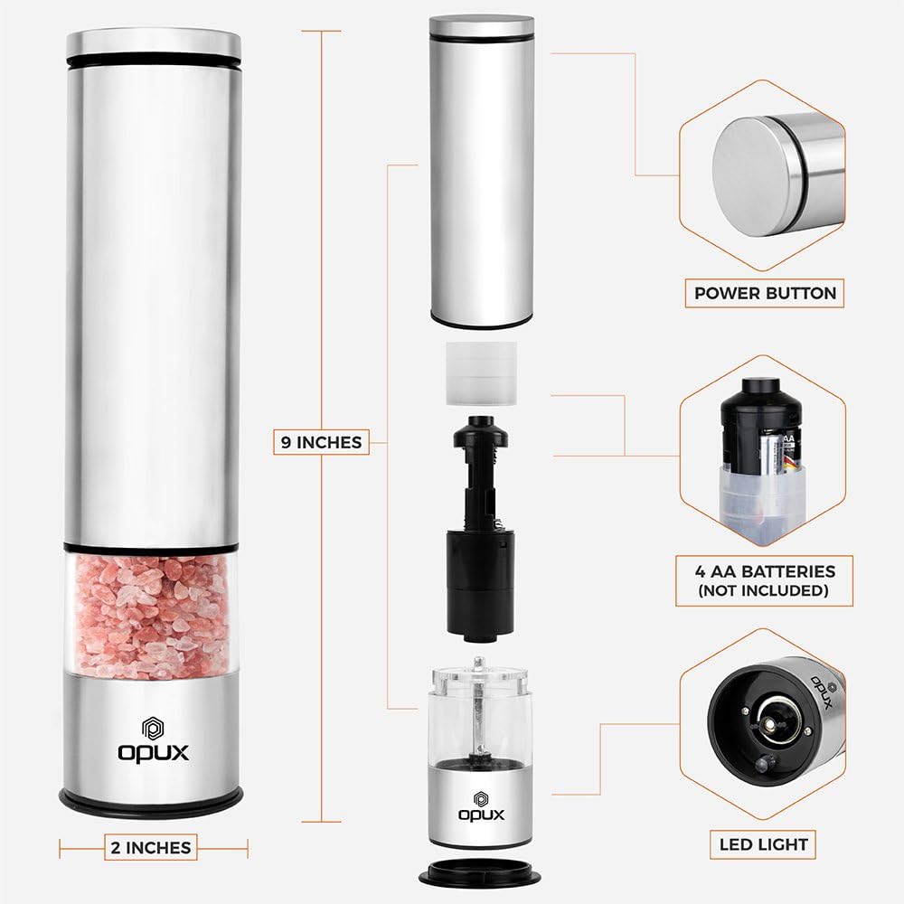 OPUX Battery Operated Salt and Pepper Grinder | Automatic Pepper Mill, Electric Salt Shaker with LED Light and Bottom Cover | Corrosion Resistant Stainless Steel, Sleek Modern Design (Steel)