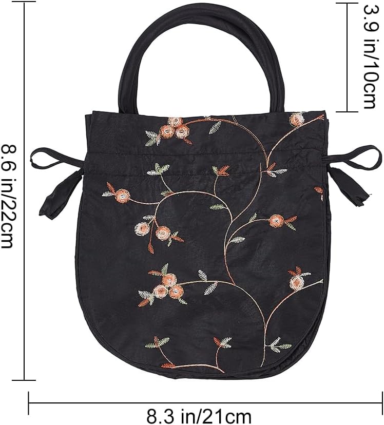 Ethnic Style Flower Handbag Black Embroidered Drawstring Bags Jewellery Gift Bags for Women Makeup Bags Organiser for Cosmetic Utensils Storage Bag Travel Party Cosmetic Bag Purse