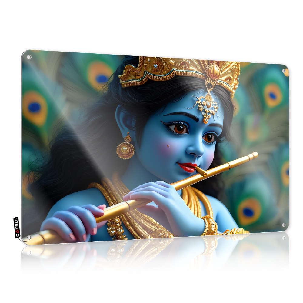 Fzfn Colour Funny Wall Art Teen Bedroom Decor Ready To Hang - A Blue-Skinned Deity Adorned With Jewelry Plays A Golden Flute. Essentials For Street(30X40cm)