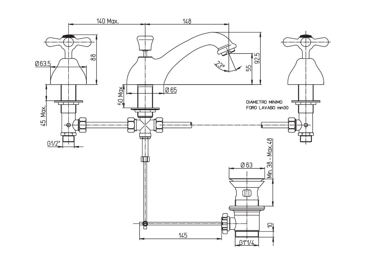 PAINI LIBERTY CR211 Batteria lavabo 3 fori, scarico automatico 1”1/4