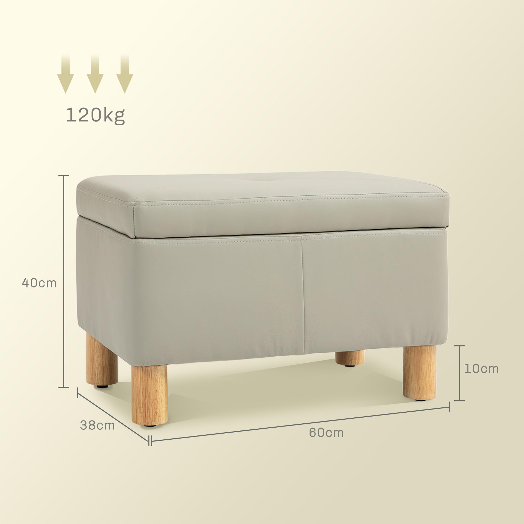 HOMCOM Camera da letto Storage Chest 33L Puff Storage Panca imbottita in PU con gambe in legno per corridoio, soggiorno 60x38x40 cm Grigio Chiaro
