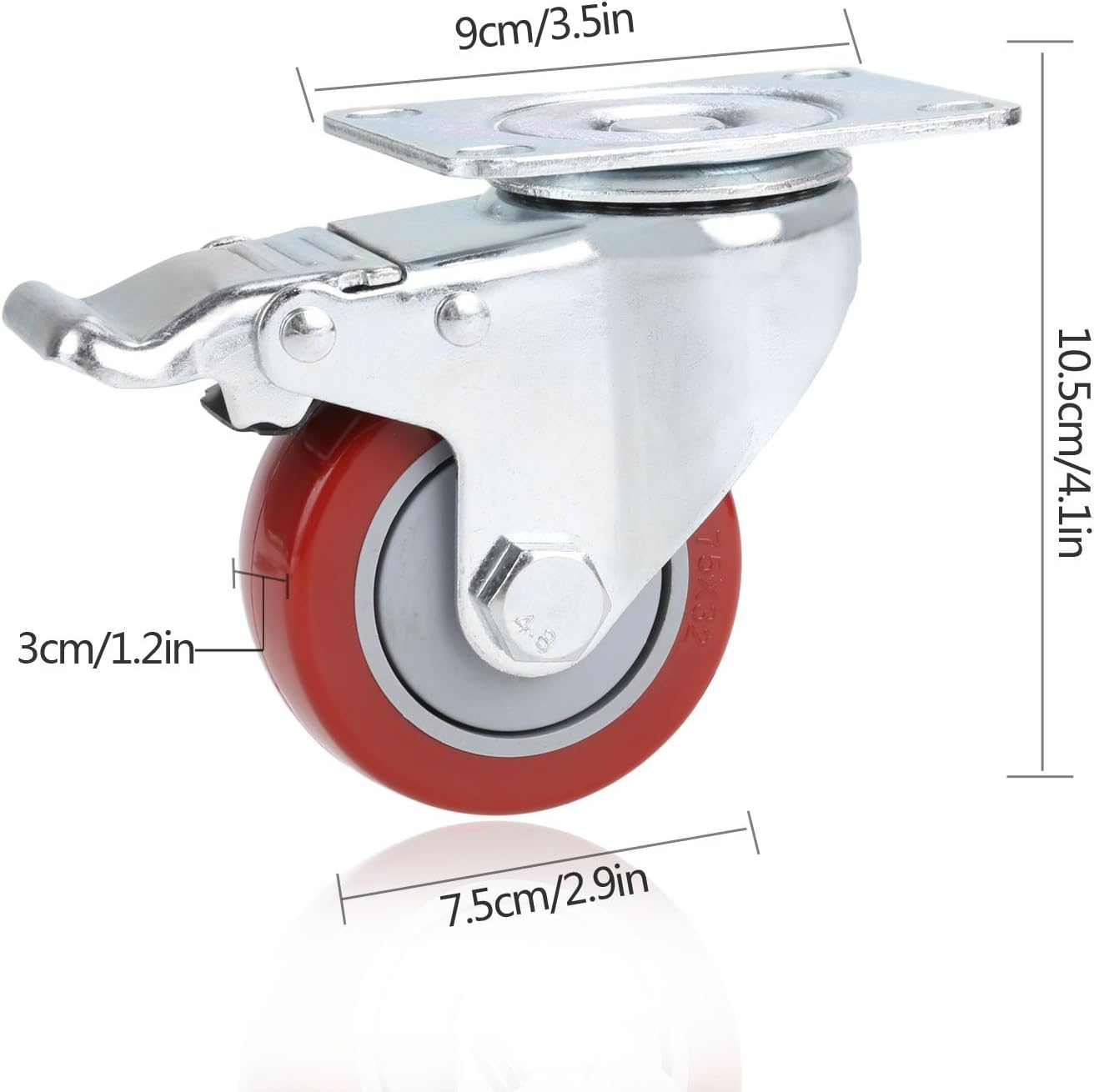 COOCHEER Casters, 3'' Heavy Duty Casters, Load 1200lbs, Lockable Bearing Caster Wheels with Brakes, 360-degree Top Plate Swivel Casters for Furniture and Workbench, Casters Set of 4, Red (Free Screws)