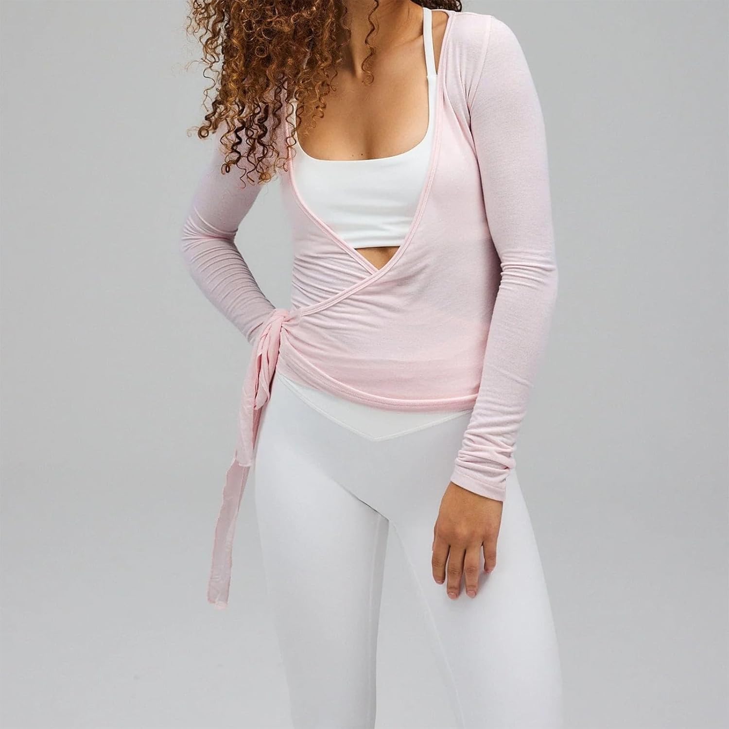 Womens Y2k Long Sleeve Ballet Wrap Top Self Tie Coquette Workout Yoga Shirt Tops - Image 3