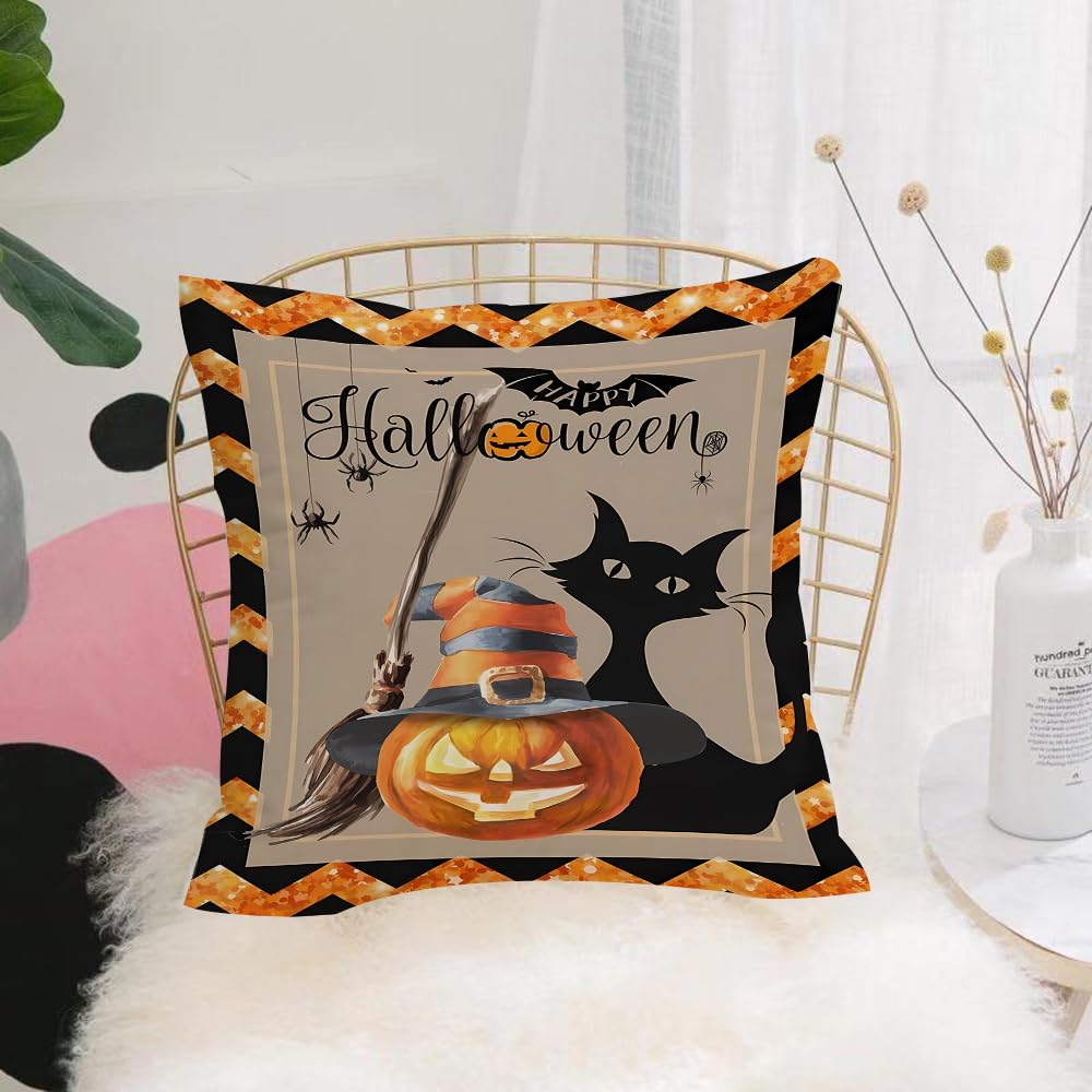 HYOSXW Cushion Cover,Throw Pillow Case Home Decorative for Living Room Bedroom Sofa Chair 16X16 Inch,Halloween, Halloween elements with pumpkin hat and black cat,Pillowcase 40X40cm