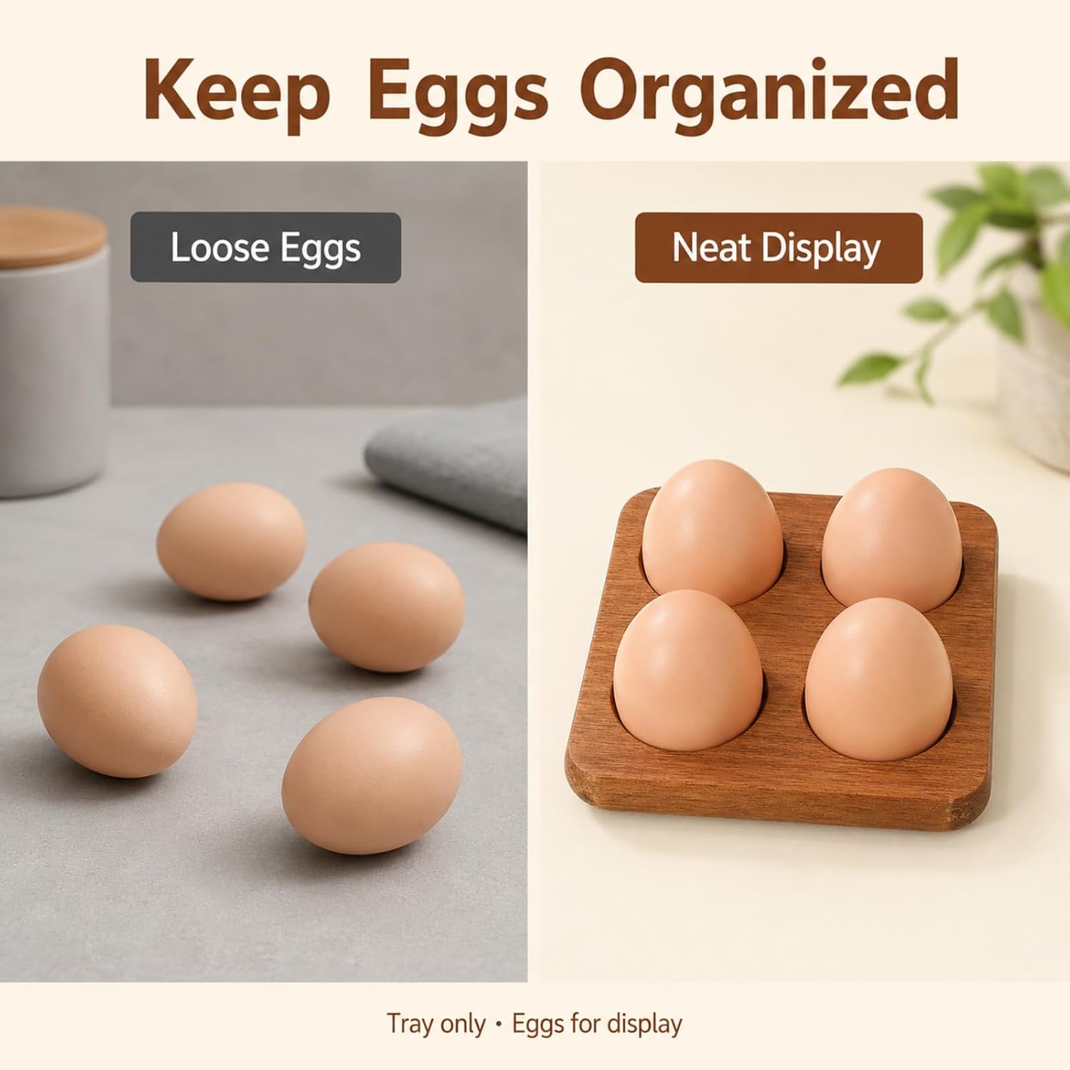 jojofuny Acacia Egg Tray for Countertop 4-Slot Wooden Egg Holder for Refrigerator Kitchen Display and Storage Square Rack for Fresh Eggs 4.44 X 4.44 X 0.86 in
