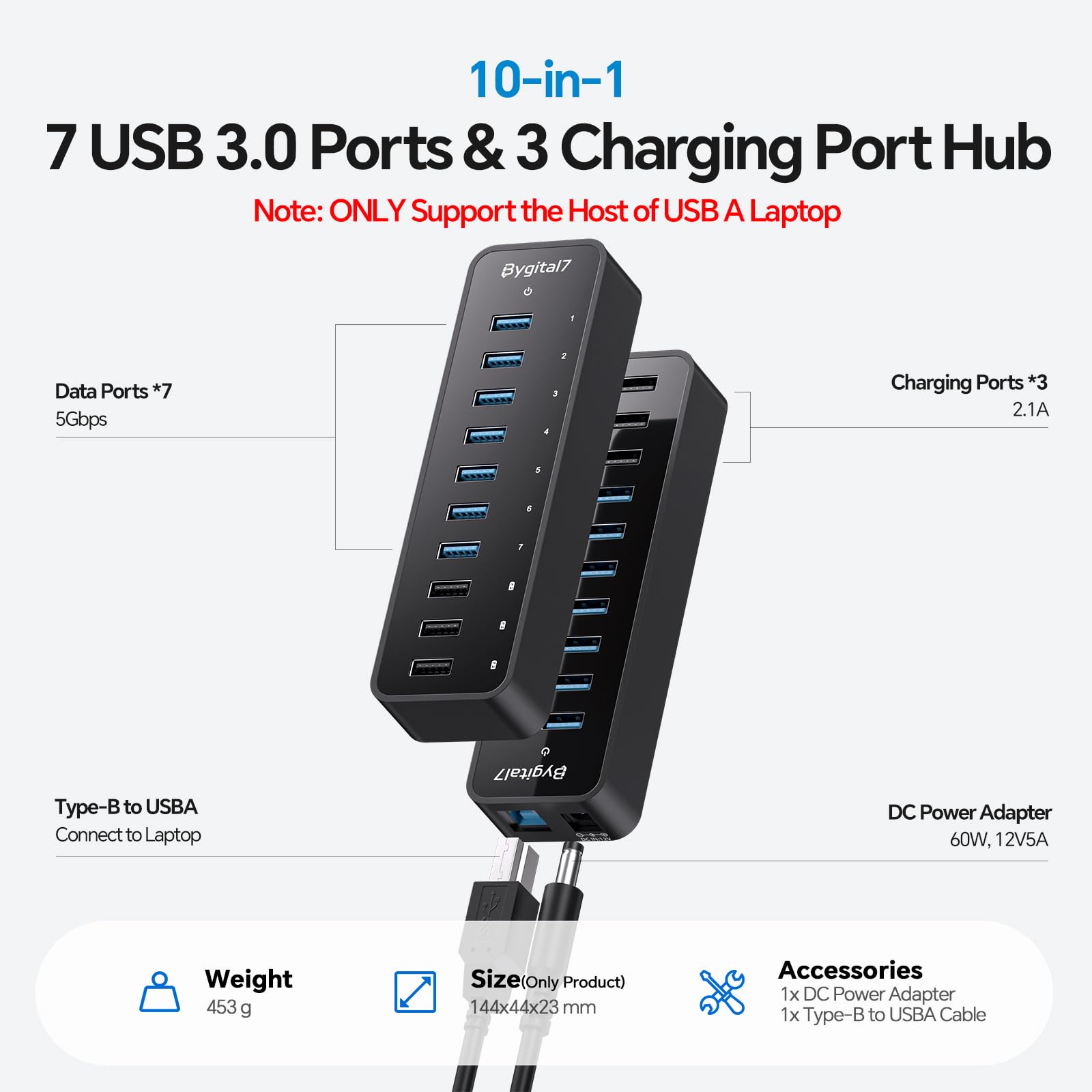 Hub USB 3.0, hub USB 10 ports avec 7 ports USB-3.0 et 3 ports BC1.2, hub de données multi-USB 60 W compatible avec iMac, MacBook, ordinateurs portables, tous les appareils USB, mobiles et HDD
