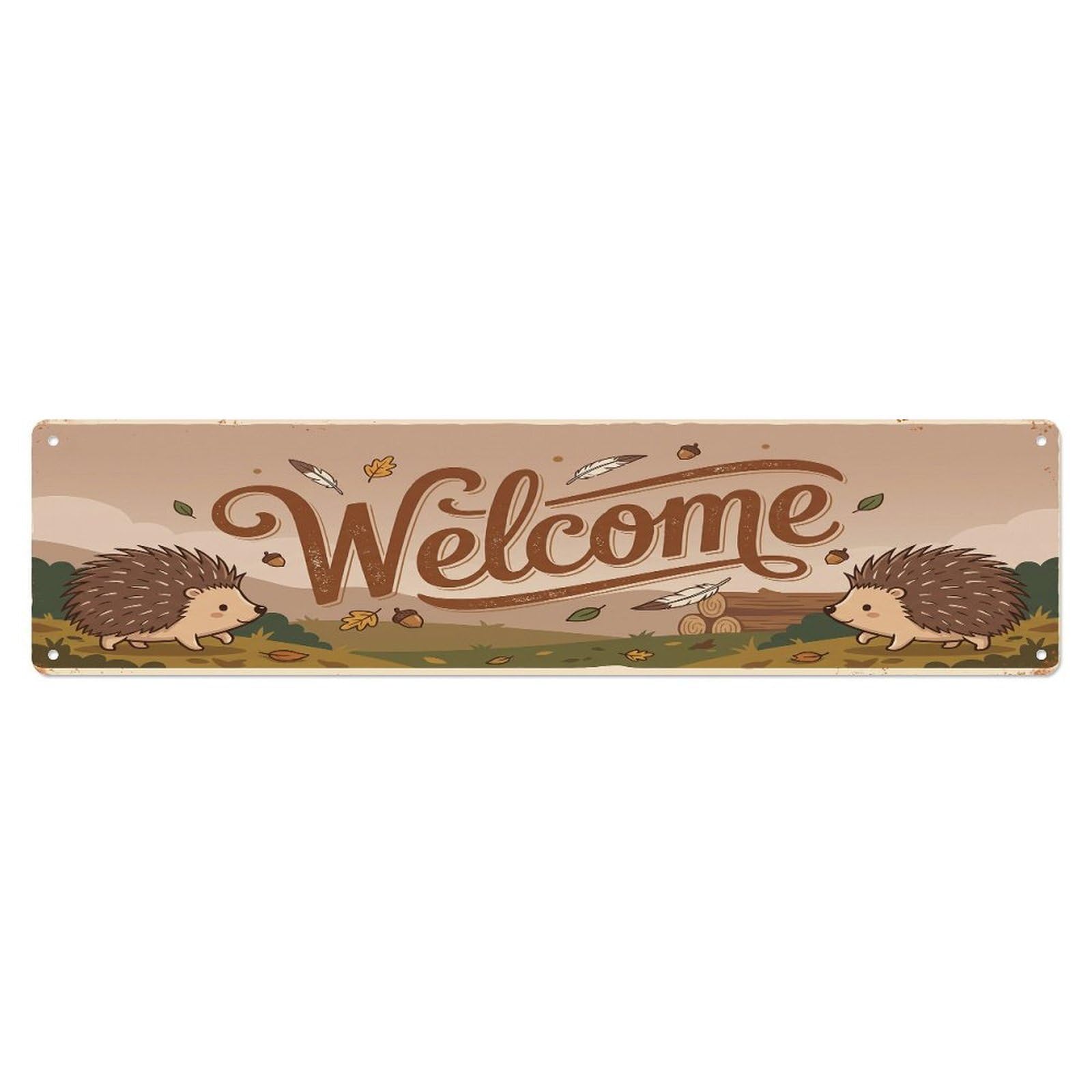 Vintage Welcome Porcupine Spiky Metal Tin Sign
