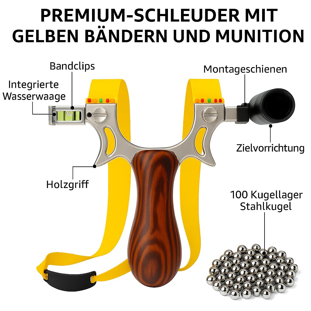 Profi Schleuder mit Zubehör – Slingshot Set mit Tonkugeln, Holzgriff, Wasserwaage, Ersatzgummi und Schild & Tragetasche – Hochwertige Zwille für Outdoor, Sport, Training & Survival