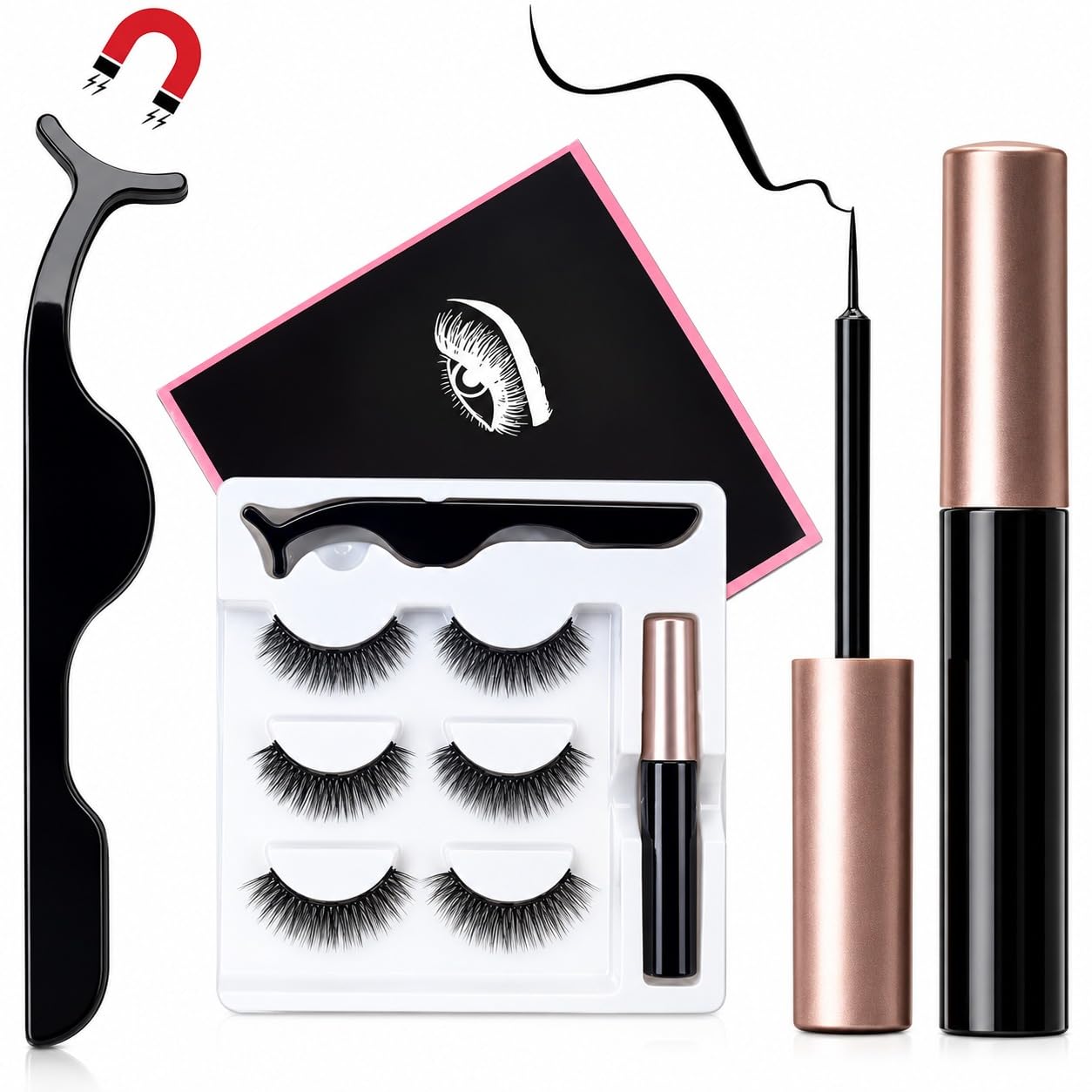 Kaidaa Magnetic Eyelashes with Magnetic Eyeliner Kit 3 Pairs, Reusable 3D Faux Mink False Eyelashes, Waterproof Liquid Eye
