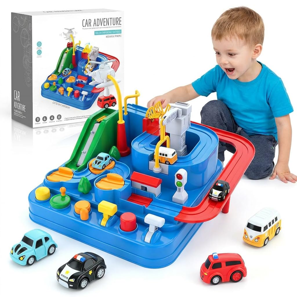 Kids Toys for 2 3 Year Old Boys Car Race Track Playset with 4 Mini Vehicles, Car Adventure Toys Interactive Puzzle Rail Game, STEM Educational Toys, Toddler Gifts for Boys Girls 3-8 Years Old