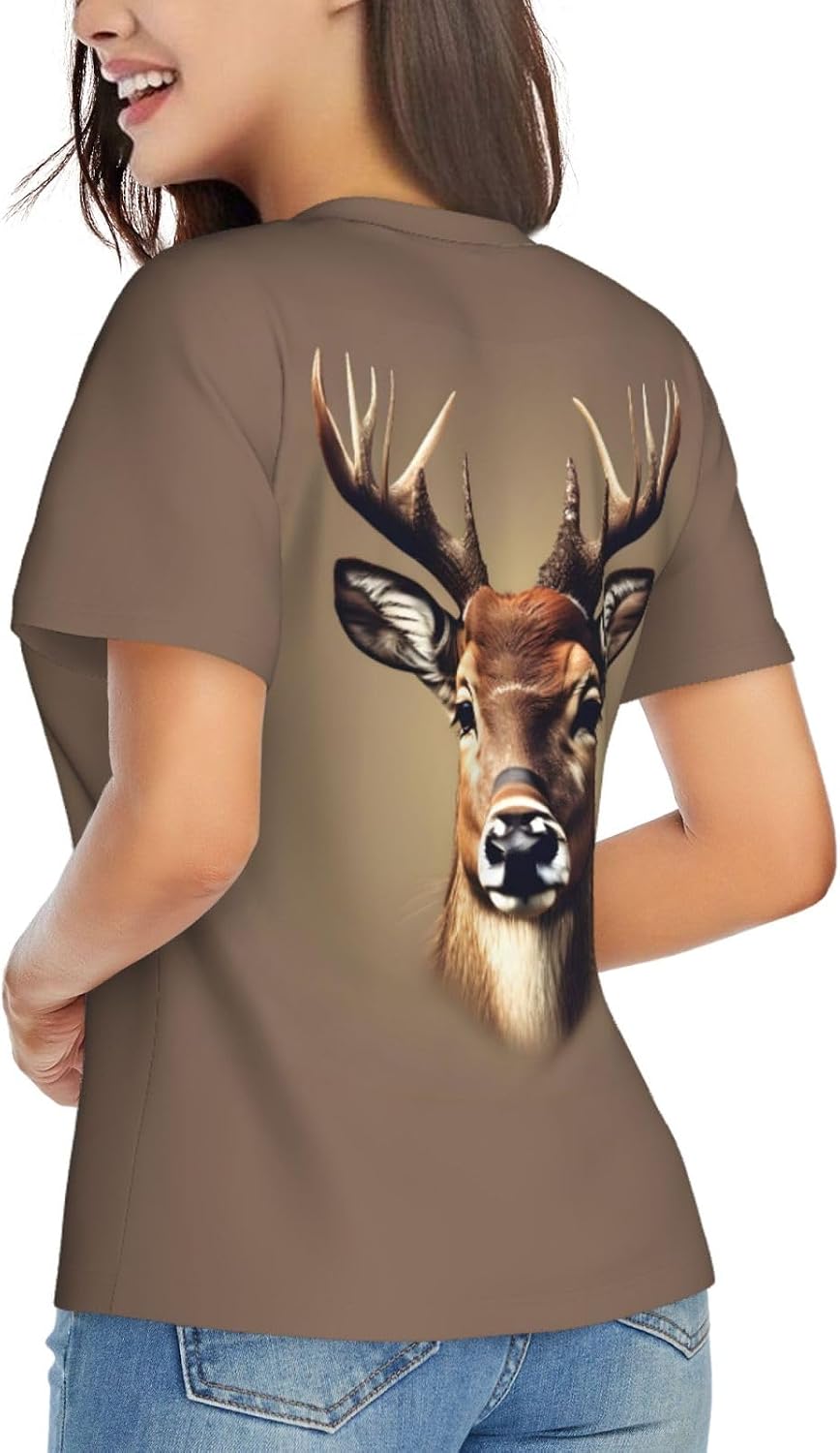 Womens Deer Head Printing Print Short Sleeve V Neck T-Shirts Casual Breathable Tee Basic Summer Tops 2026