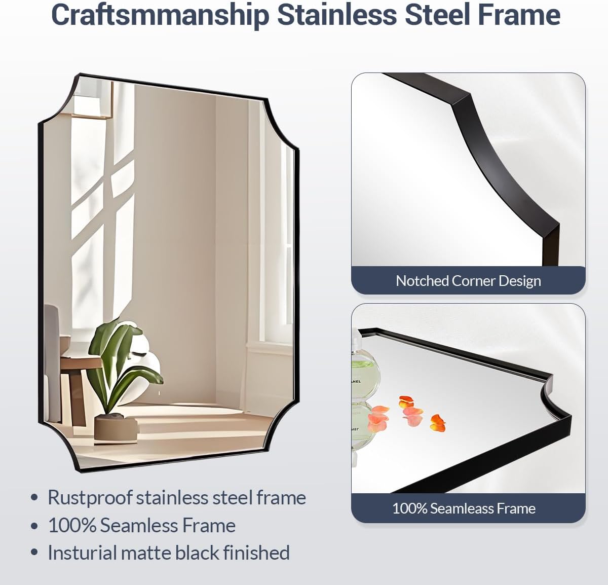 MIRRORART Scalloped Black Mirrors 30x40 Inch, Contemporary Notched Corner Bathroom Mirrors for Over Sinks, Rectangle Vanity Mirrors in 1’’ Stainless Steel Metal Frame Wall Mount Vertical/Horizontal