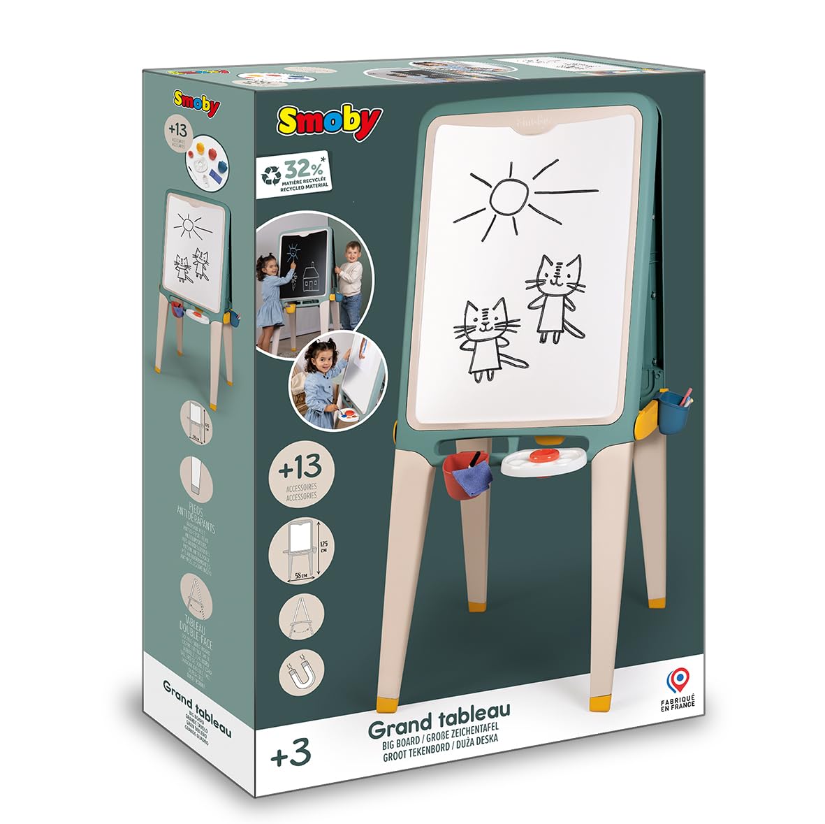 Smoby - Grand Tableau - Faces Craie et Magnétique - Bacs Amovibles - 13 Accessoires - Matière Recylée - Fabrication Française