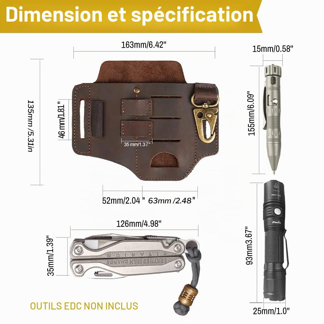 VIPERADE PJ16 Cuir EDC Sac Fourreau en Cuir Organisateur en Tactique Multi Porte-Outils Sac en avec Porte-clés pour Outils de Lampe de Poche Camping en Plein air (Brun)
