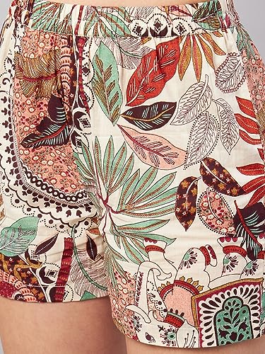 Image of WineRed Cotton Woman Beige 3Pcs Coord Set With Shorts, Floral