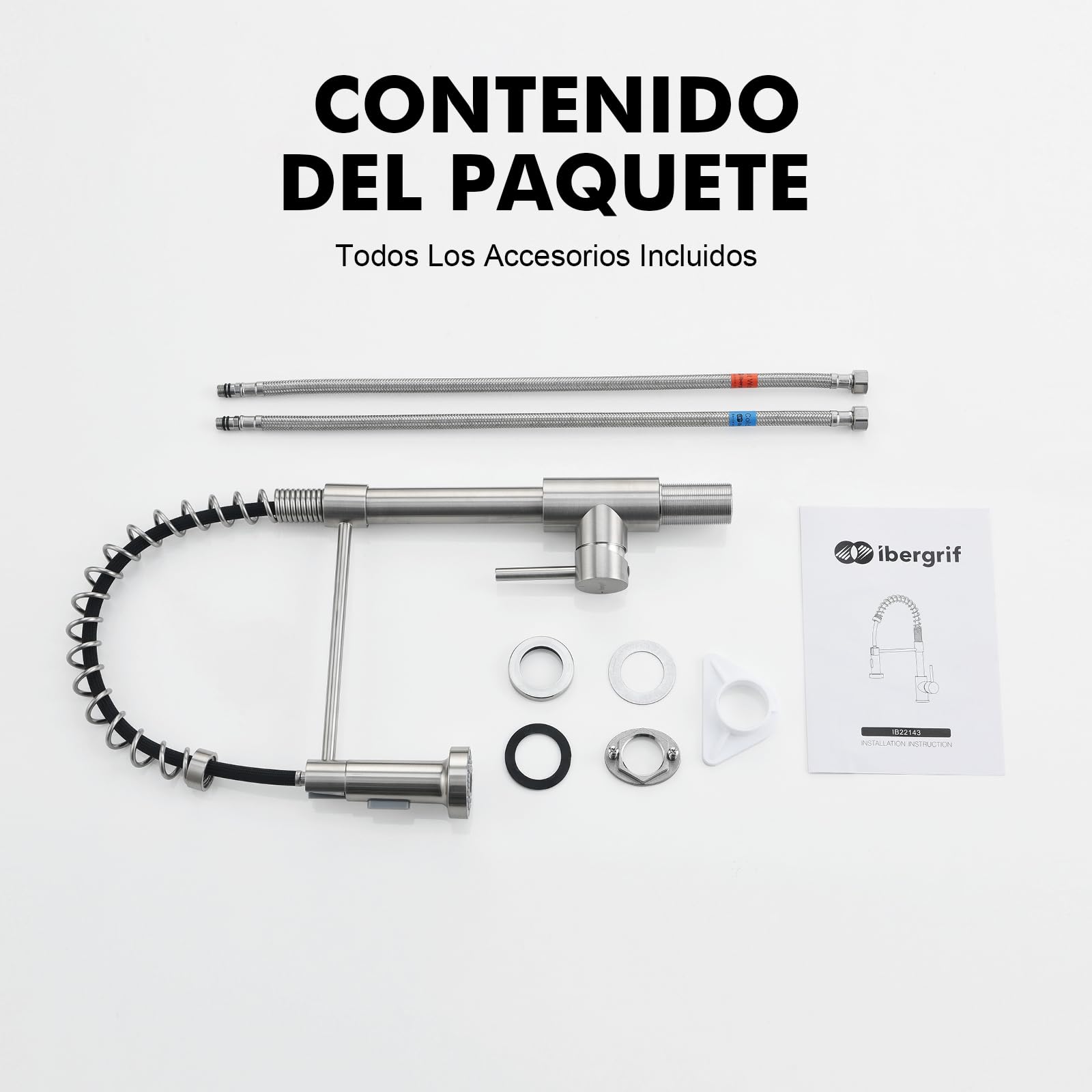 Ibergrif Grifo Cocina Extraible y Extensible - Acero Inoxidable 304, 360°Giratorio, 2 Modos Agua (Spray/Flujo), Manguera 40cm, Instalación Rápida, Monomando, M22143A