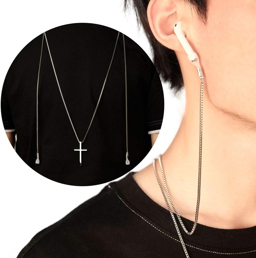 Cross Necklace Box Chain Wireless Earphone Holder for AirPods Strap Compatible with Airpods 1 & 2 pro (Cross Necklace Box Chain)