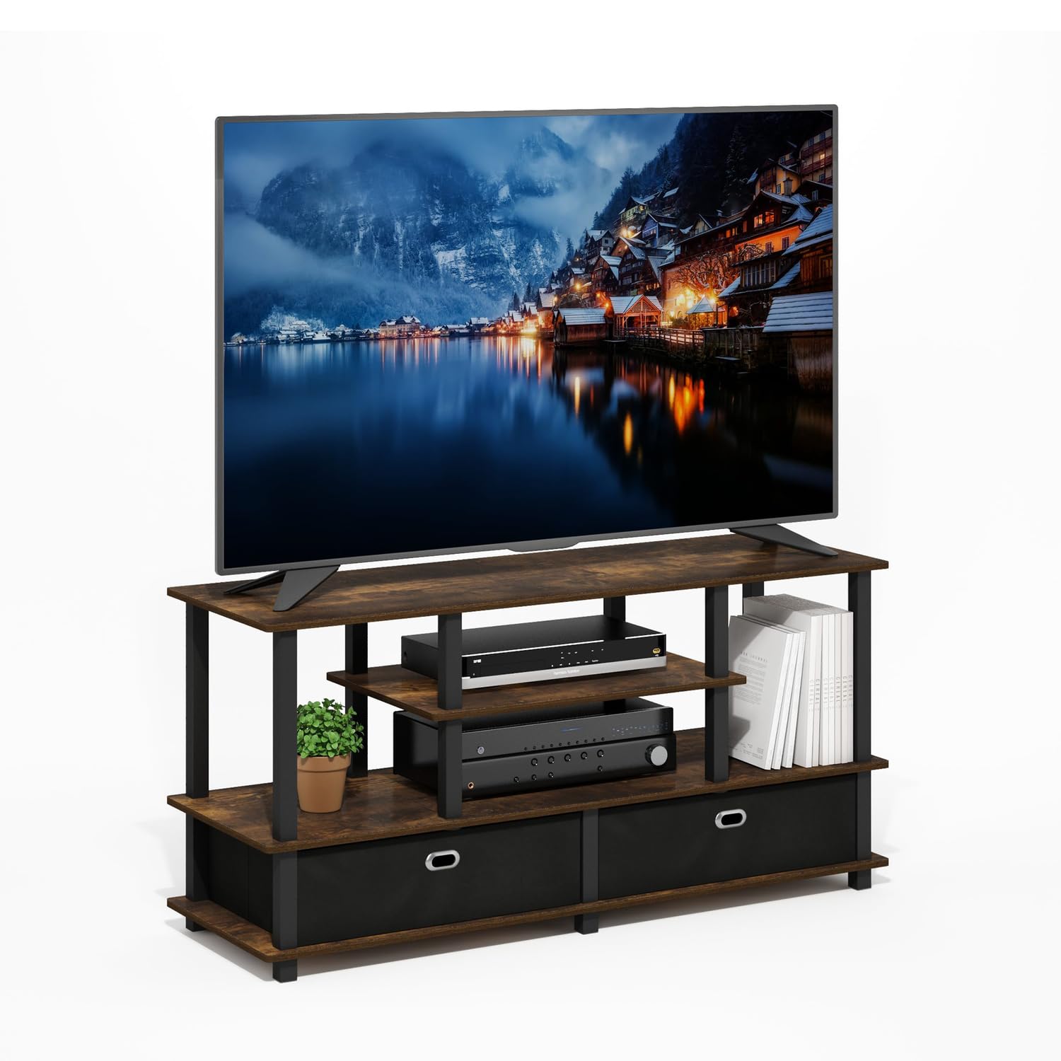 Furinno JAYA Mobile porta TV, centro d’intrattenimento a 4 livelli, consolle TV per TV fino a 55 pollici con 2 contenitori e ripiani aperti, per soggiorno, Pino ambrato
