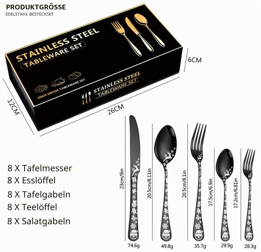 XIAOYU 40-teiliges Weihnachtsbesteck Set für 8, Edelstahl Besteck Set, Schneeflocken Weihnachtsmann Elch Muster Design, Geschirr Geschirr für Küche Restaurant, spülmaschinenfest, Silber