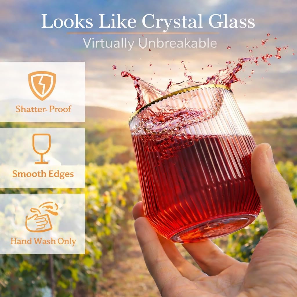 40 count 12 Ounce Ribbed Cups Origami Unbreakable Stemless Plastic Wine Champagne Whiskey Glasses Elegant Durable Disposable Indoor Outdoor Ideal for Home, Office, Bars, Wedding, Ripple (Gold Rim) - Image 2