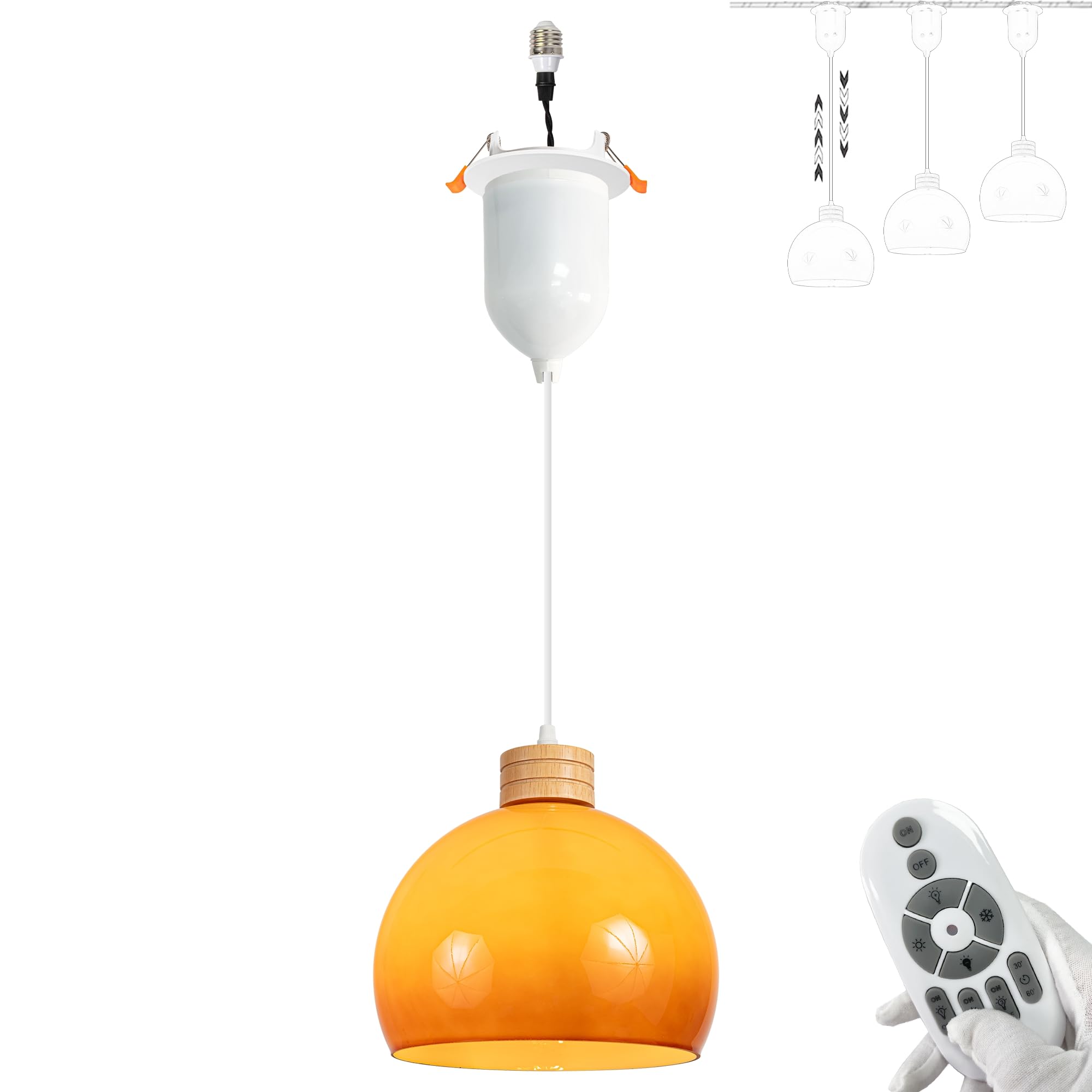 SKIVTGLAMP Can Light Retrofit Recessed Mounted by Remote Adjustable Pendants Compatible E26 Adapter T24 Connector Conversion Kit for 4~5in Holes Gradient Orange Globe Shade Natural Wood Socket
