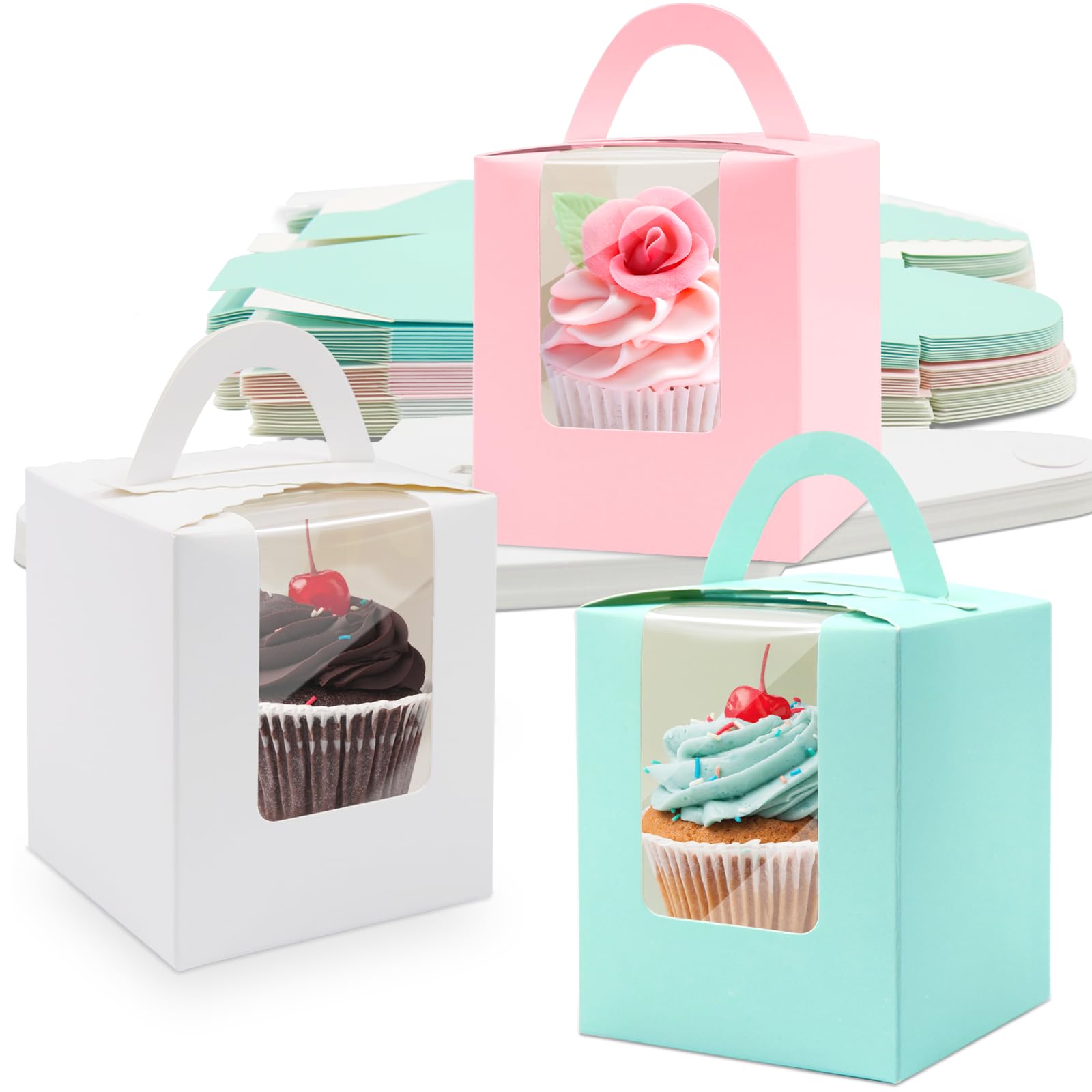 Single Cupcake Boxes, 30 Pcs Cake Box Individual Cupcake Box with Window, Bakery Boxes with Inserts, Small Cake Boxes for Home, Bridal Showers