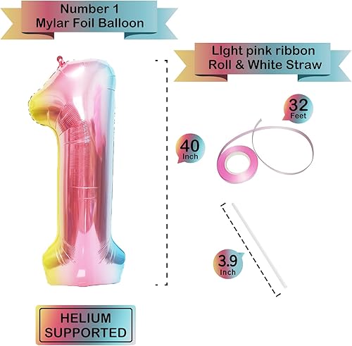 Miniatura 3 de Globos gigantes de 40 pulgadas de arcoíris número 1, globos de cumpleaños, globos de aluminio de Mylar de helio para decoraciones de fiestas de