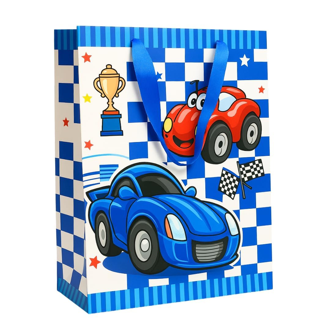Racing Theme Designer Gift Bag for Kids | Boys Birthday Return Gift Carry Bag | Durable Laminated Paper Bag | Party Supplies (Speed Car, Small Set Of 5)-image-20