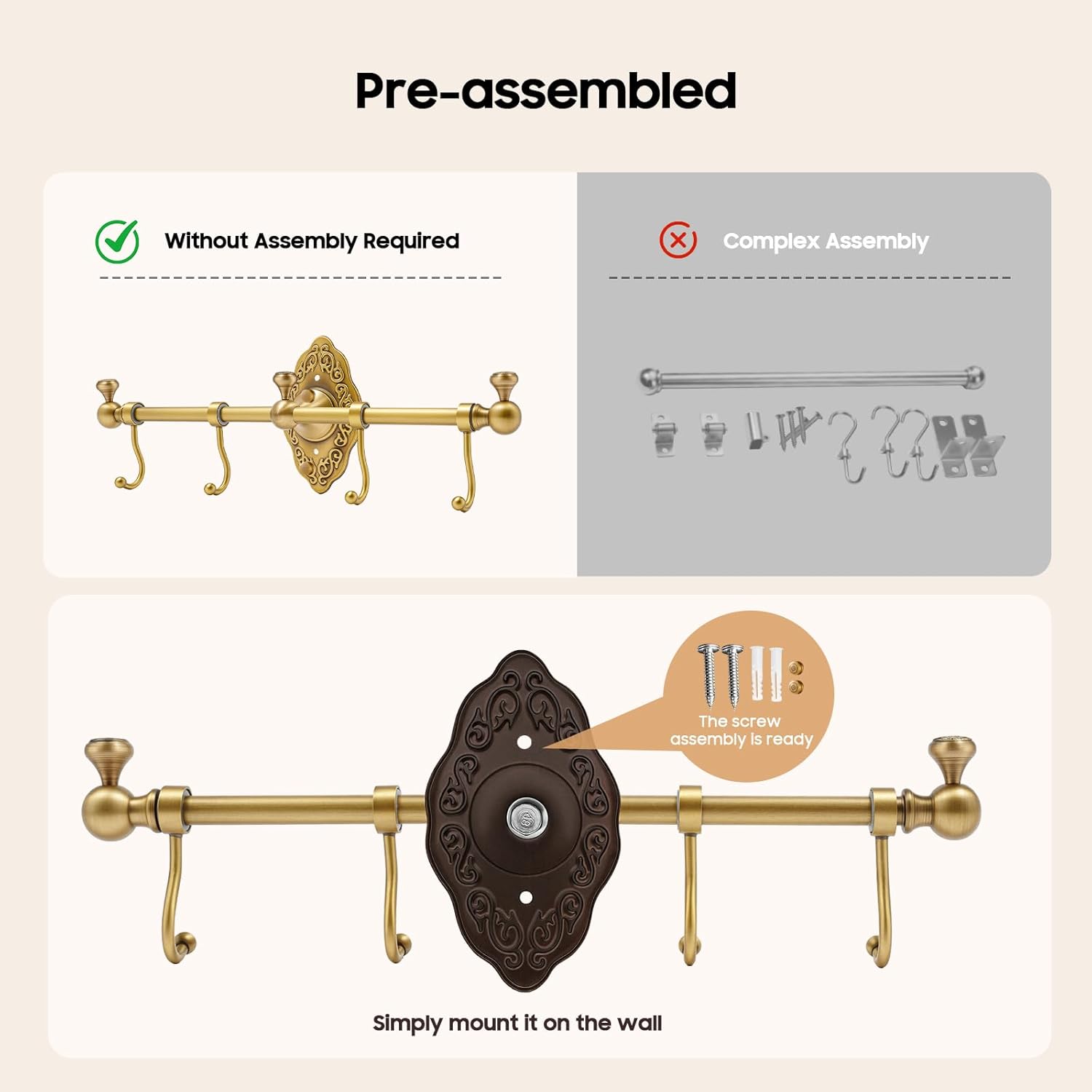 Chrome Towel Bar Single Towel Bar with 4 Hooks Crystal Bathroom Towel Racks Wall Mounted with Smooth Surface Ideal Organizer for Bathrooms, Bedrooms, Kitchens etc