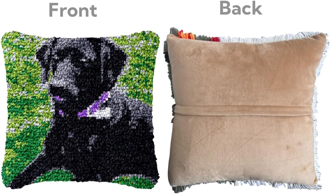 Black Dog Labrador DIY Latch Hook Pillow Kit for Adults Throw Pillow Cover with Printed Canvas Crochet Yarn Needle Craft Handmade Cushion for Home Sofa Decoration 43x43cm