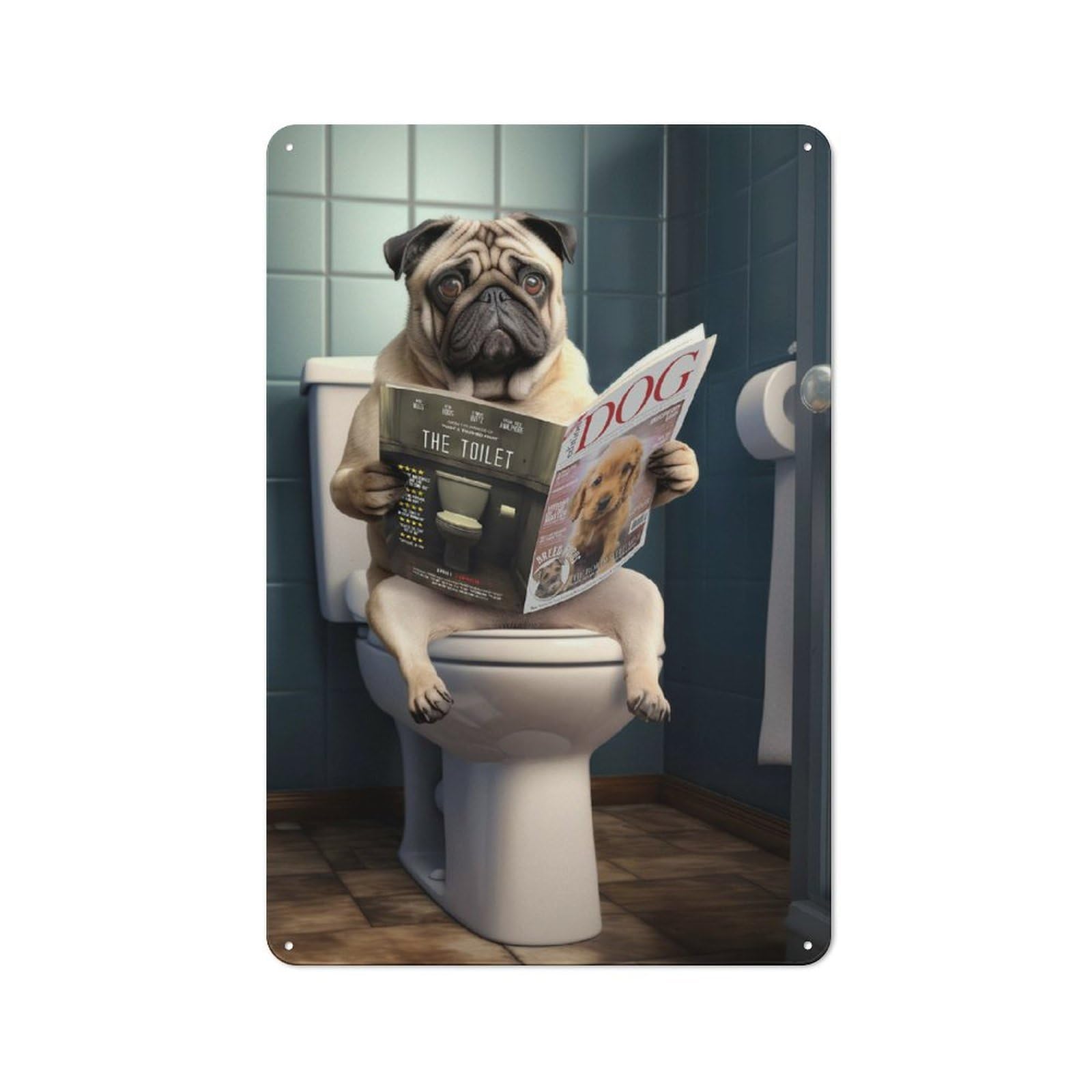 Pug Dog on The Toilet Decorative Metal Plaque 30x20cm, Garage Style Shed Wall Plaque for Workshop, Basement, Shed Or Games Room
