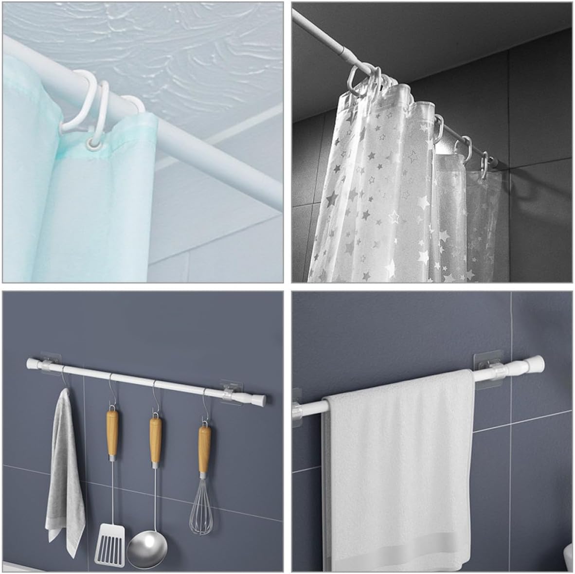 4pcs Heavy Duty Tension Curtain Rods Adjustable Telescopic Rods for Door Curtains with Reliable Support White Abs and Iron Material for Home Decor