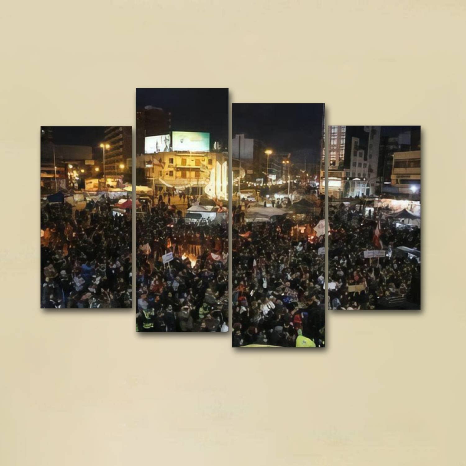 quetas artwork Canvas Print March From Rachid Karami International Fair to Sahat El Nour Tripoli Wall Art Pictures Framed Digital Print Abstract Painting Room Home Office Decor Ready to Hang - 4 Panel