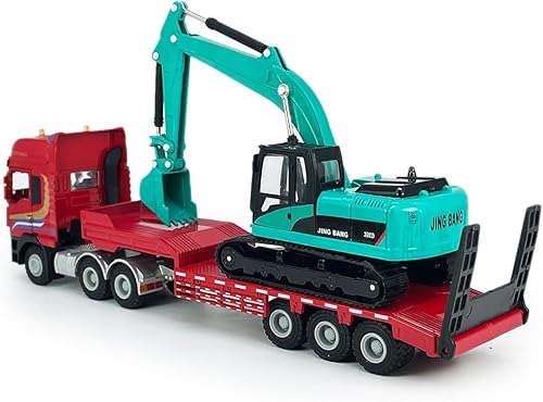 Miniatura 4 de Camión de juguete de cama plana con excavadora sobre orugas de juguete, tractor de remolque de transporte de camión de remolque de metal fundido a