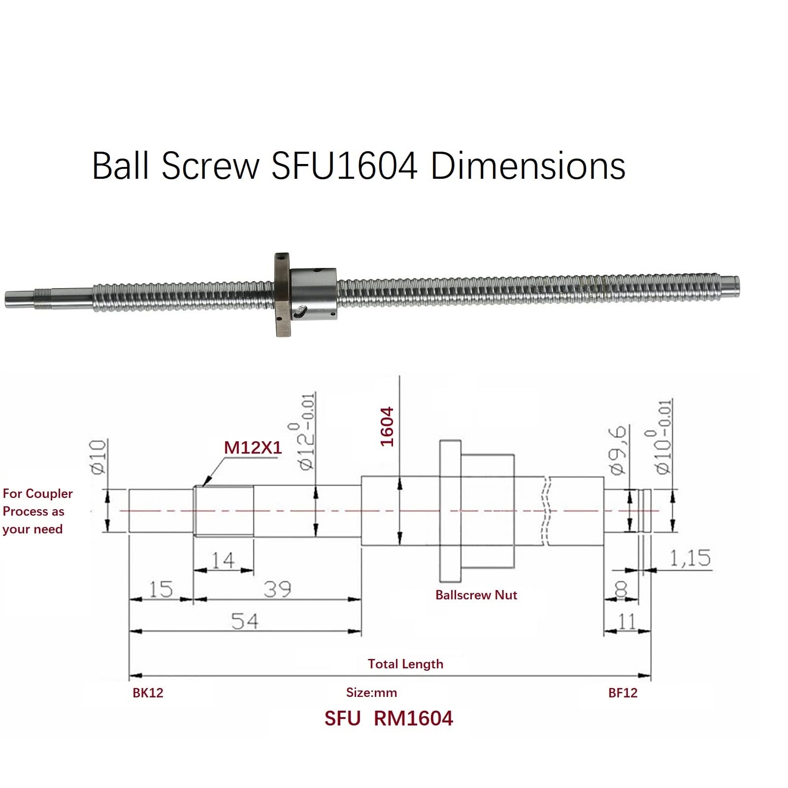 1604 Linear Motion CNC Ball Screw with Anti Backlash Nut, Coavoo SFU1604 1397mm / 55 inch 16mm Ballscrew + BK12 BF12 Bearing End Support + Coupler + DSG Nut Housing
