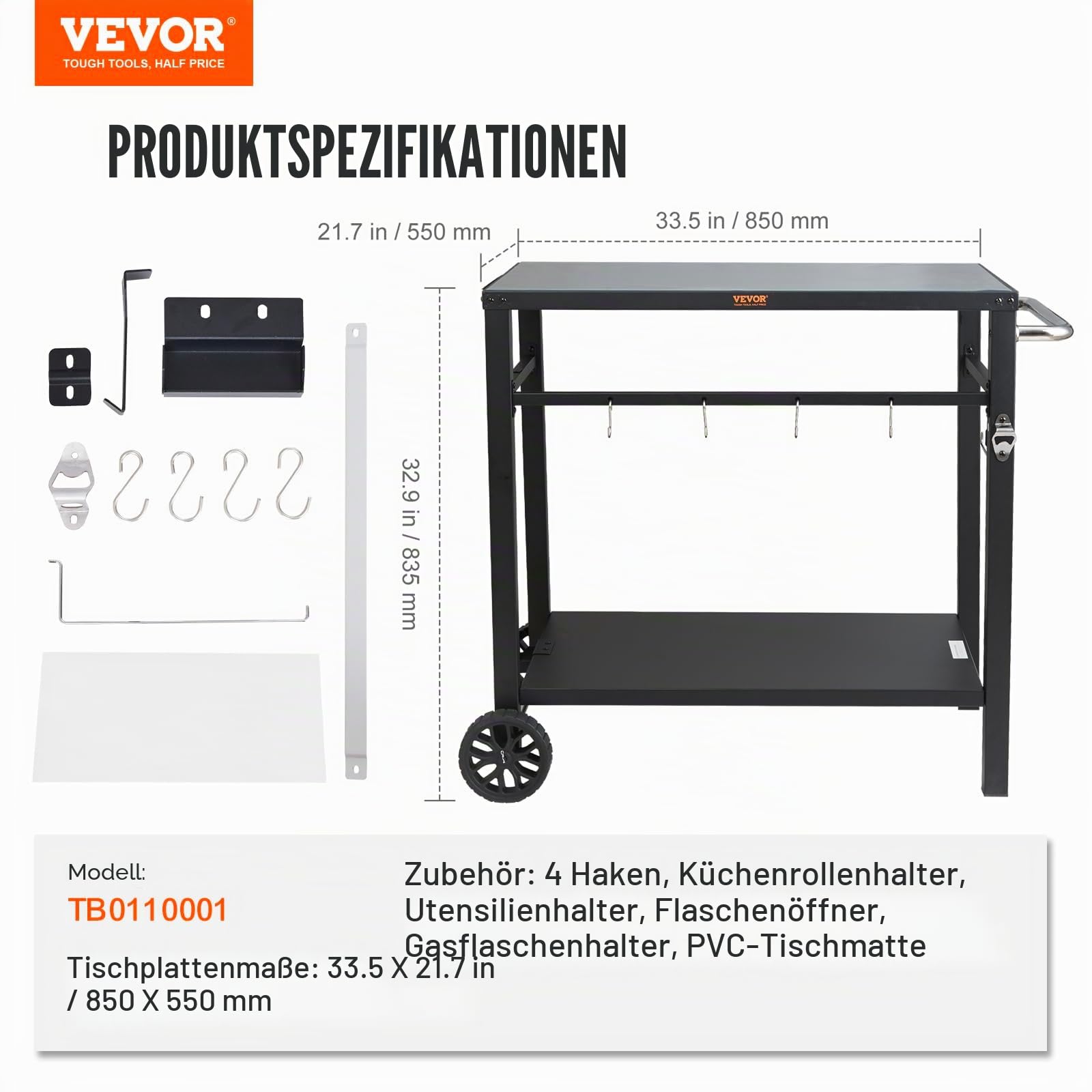 VEVOR Servierwagen Küchenwagen 100 x 64 x 83,5 cm Outdoor-Grill-Esswagen mit Doppelter Ablage, Beweglicher Grilltisch für die Zubereitung von Speisen, Multifunktionale Tischplatte aus Eisen Schwarz
